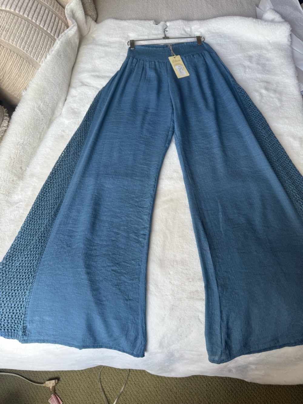 Blue Wide Leg Gauze and open knit Pants Size L - Picture 7 of 8